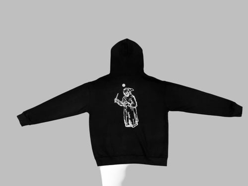 Black hoodie with a white graphic on the back against a white background