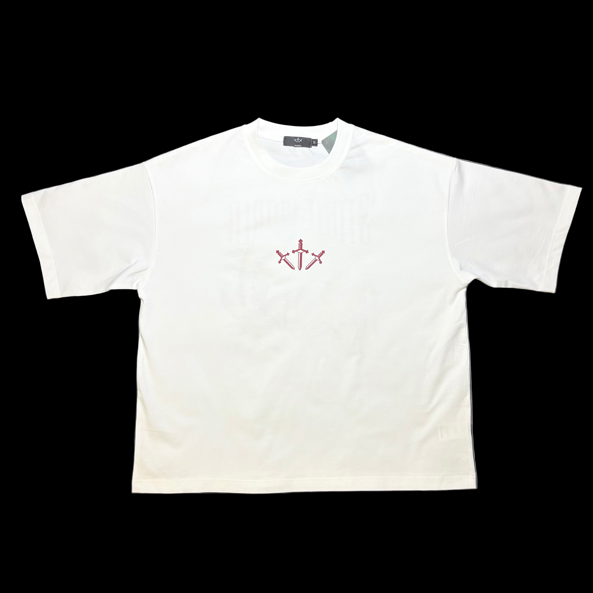 White t-shirt with a red logo on a gray surface